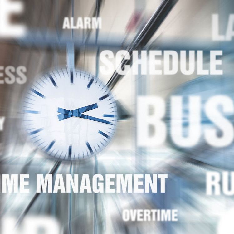time management illustration: clock with words surrounding it: schedule, busy, stress, late, rush, overtime